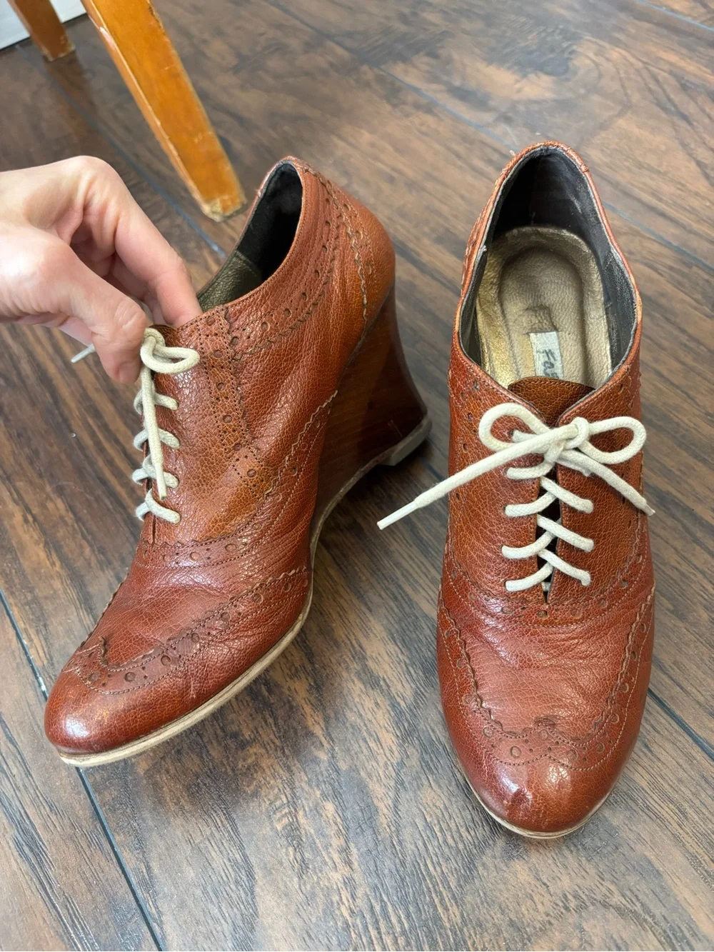 Congac Leather Lace-Up Oxford Wedges